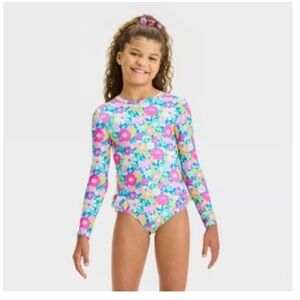Cat & Jack girls' long-sleeve rashguard swimsuit in a multi-color floral print
